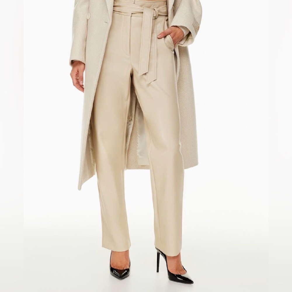 Babaton Aritzia High-Rise Tie-Waist Vegan Leather Pants in cream size 0